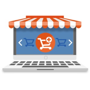 An image of a laptop transformed into a storefront showing a shopping cart on screen.