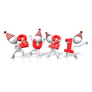 This new years celebration clipart shows four characters in party hats each holding a number to to show a the year 2021.