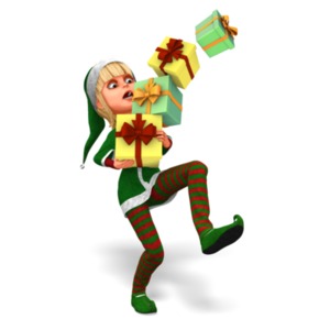 An image of a character dressed as Santa&#039;s helper struggling to carry a tall stack of wrapped presents.