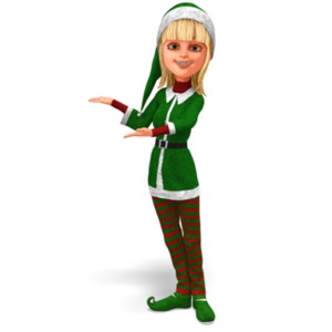 An image of a character dressed as one of Santa&#039;s helpers, gesturing to the side.