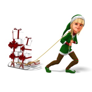 An image of a character dressed as Santa&#039;s helper, pulling a sled loaded with numerous large gifts.