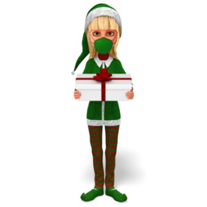 An image of a character dressed as one of Santa&#039;s helpers presenting a gift while wearing a mask to prevent the spread of a cold of virus.