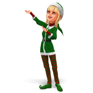 An image of a posed character dressed as one of Santa&#039;s helpers, who is gesturing and looking upwards.
