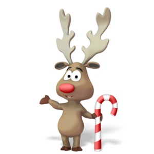An image of a cartoon reindeer standing in a pose of presenting to the side, while holding onto a candy cane. 