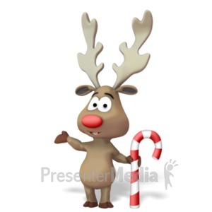 A reindeer holding a candy cane clip art image.