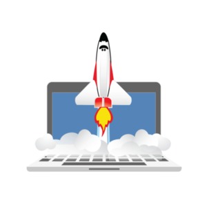 This clipart image shows a space shuttle blasting off from a computer laptop.