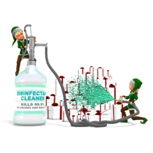 An image with two of Santa&#039;s helpers disinfecting a stack of Christmas gifts.  One helper stands atop a large disinfectant bottle operating a pump, while the other helper is using a hose attached to the large bottle to spray disinfectant on the stack of gifts.