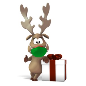 An image of a reindeer wearing a mask while leaning up against a large present and giving a thumbs up pose. 