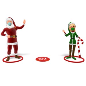 An image of Santa and a helper wearing covid masks, and standing distant in circles marked on the ground. 