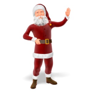An image of Santa Claus standing in a greeting pose.  He is posed smiling and holding his belt with one hand, while waving in the air with the other. 