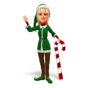 An image of Santa&#039;s helper posed smiling with one hand raised up as a greeting, while holding on to a candy cane with the other hand.