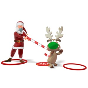An image showing Santa Claus wearing a mask and using a large candy cane to push a reindeer into proper social distancing, to help prevent the spread of a flu or virus. 