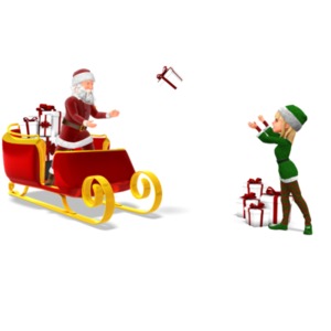 An image of Santa&#039;s helper tossing presents to Santa, who is standing in his sleigh, and loading the presents in a stacking manner. 