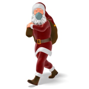 An image of Santa walking and carrying a large bag over his shoulder, while wearing a medical mask to help prevent the spread of a cold of virus. 