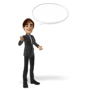 An image of a businessman character standing in a conversational pose with a speech bubble positioned above his head.  The bubble is blank and has room for your own text. It could be used for a tip, or helpful hint.