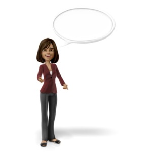 An image of a businesswoman character standing in a conversational pose with a speech bubble positioned above her head. The bubble is blank and has room for your own text. It could be used for a tip, or helpful hint.