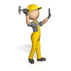 An image of a stick figure in construction worker outfit, swinging a hammer.