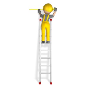An image of a construction worker standing on a ladder and using a tape measure to get a measurement. 
