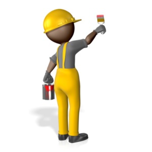 An image of a construction worker painting.  The figure is holding a paint can with it&#039;s left hand, and a paintbrush in it&#039;s right hand.