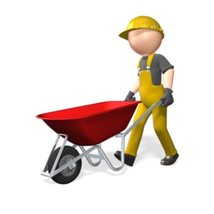 An image of a construction worker pushing a wheel barrow. 
