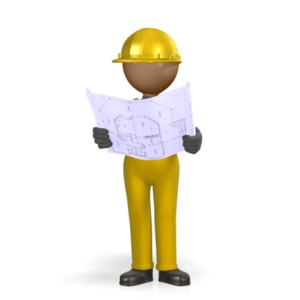 An image of a construction figure posed as a foreman and reviewing construction blueprints. 