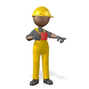 An image of a construction worker drinking a cup of coffee, and giving direction by pointing with its other hand. 