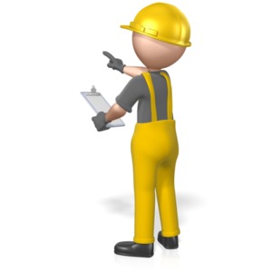 An image of a construction figure holding onto a clipboard and pointing 