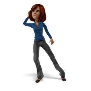 An image of a businesswoman figure with her hand to her ear, and straining to hear something. A concept of listening, or trying to hear a message.