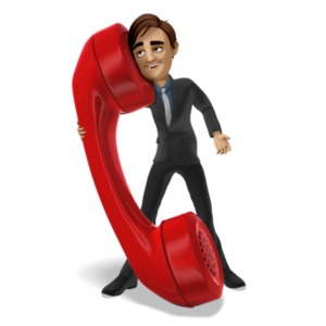 An image of a businessman figure talking on a giant red telephone handset. A concept of a business call or communications.