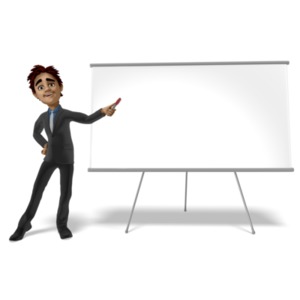 An image of a businessman figure holding a pen pointing at a blank board. The dry erase board is blank and has room to add your own text.