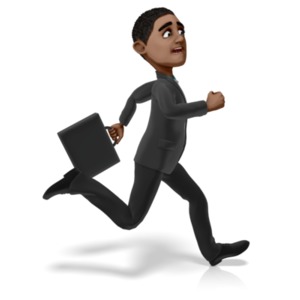 An image of a businessman figure carrying a briefcase while running with a concerned look on his face.  A depiction of being in a hurry or running late. 