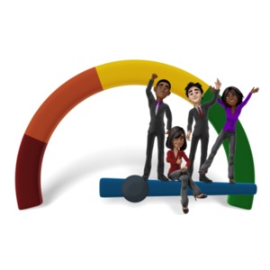 An image of a business team of four, standing and celebrating at the top of the rating scale.