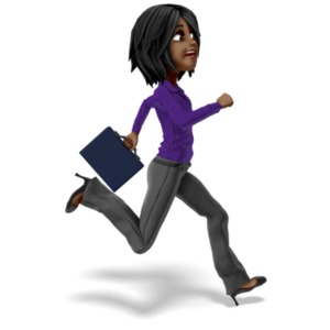 An image of a businesswoman figure carrying a briefcase while running with a concerned look on her face.  A depiction of being in a hurry or running late. 

