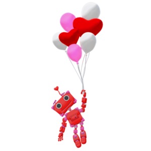 An image of a boxy red robot holding on to a bundle of valentine themed balloons, and floating up into the air. 