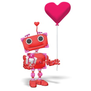 An image of a boxy red robot holding a balloon and a wrapped gift. 