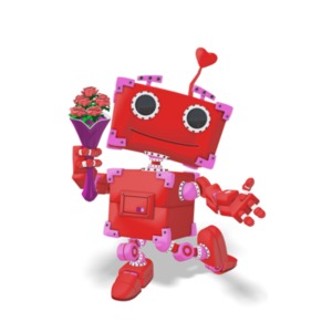 An image of a boxy red robot dramatically presenting a bouquet of roses.