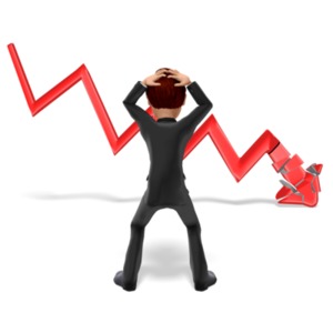 A businessman clutches his head in panic as his stock crashes.