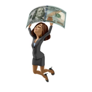 Talia jumping in the air with excitement, while holding on to a large one hundred dollar bill above her head.  An image to depict financial success or profit. 