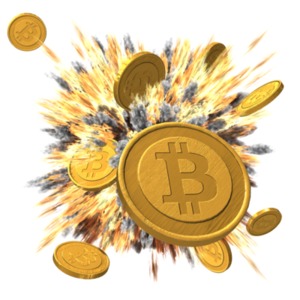 Bitcoins fly out from an explosion.