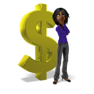 An image of a Businesswoman figure standing and thinking in front of a large dollar sign. This is a reference to planning or thinking about something financial.