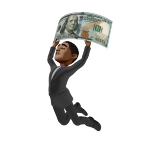 Ethan jumping in the air with excitement, while holding on to a large one hundred dollar bill above his head. An image to depict financial success or profit.
