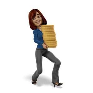 An image of a businesswoman carrying a stack of large gold coins.