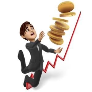An image of a businessman tripping over a declining bar graph, and dropping a stack of gold coins. A depiction of financial loss.