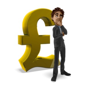 An image of a Businessman figure standing and thinking in front of a large pound symbol. This is a reference to planning or thinking about something financial.
