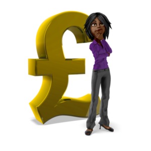 An image of a Businesswoman figure standing and thinking in front of a large pound symbol. This is a reference to planning or thinking about something financial.