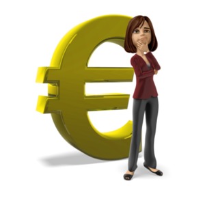 An image of a Businesswoman figure standing and thinking in front of a large euro symbol. This is a reference to planning or thinking about something financial.