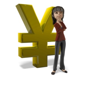 An image of a Businesswoman figure standing and thinking in front of a large yen symbol. This is a reference to planning or thinking about something financial.
