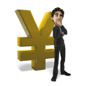 An image of a Businessman figure standing and thinking in front of a large yen symbol. This is a reference to planning or thinking about something financial.
