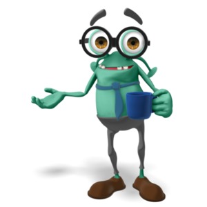 An image of Jerry the business alien creature posed with a cup of coffee and presenting to the side. 
