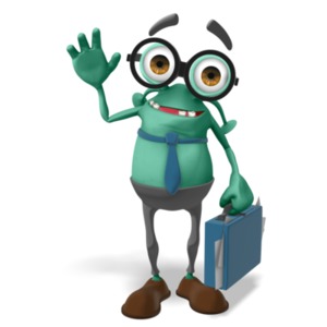 An image of Jerry the business alien posed waving while holding onto a briefcase full of papers. 